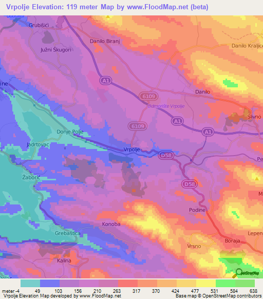 Vrpolje,Croatia Elevation Map