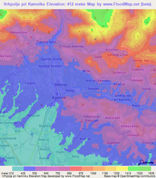 Vrhpolje pri Kamniku,Slovenia Elevation Map