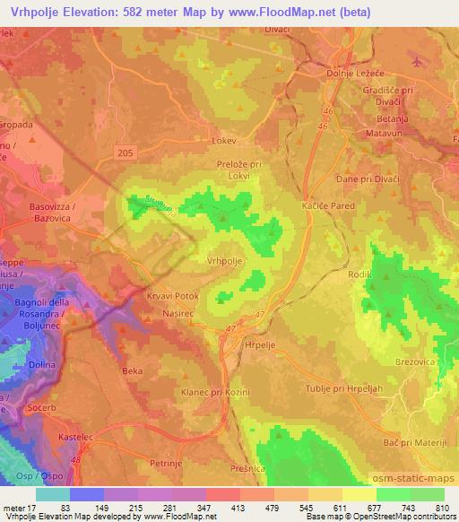 Vrhpolje,Slovenia Elevation Map