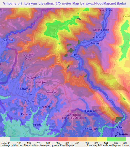 Vrhovlje pri Kojskem,Slovenia Elevation Map