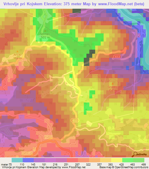 Vrhovlje pri Kojskem,Slovenia Elevation Map