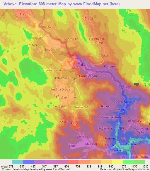 Vrhovci,Croatia Elevation Map