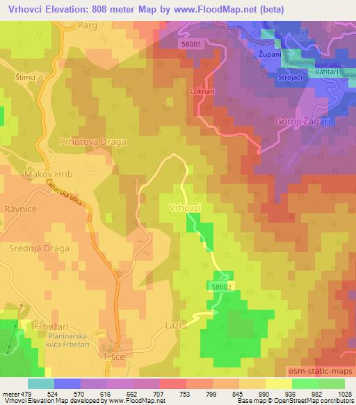 Vrhovci,Croatia Elevation Map