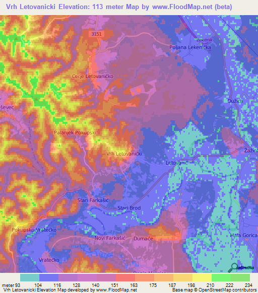 Vrh Letovanicki,Croatia Elevation Map