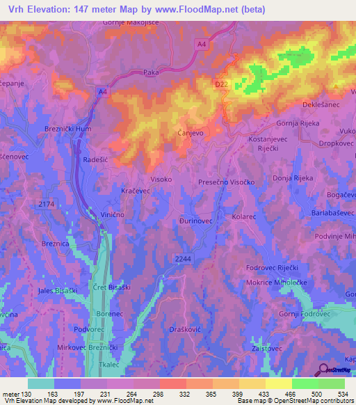 Vrh,Croatia Elevation Map