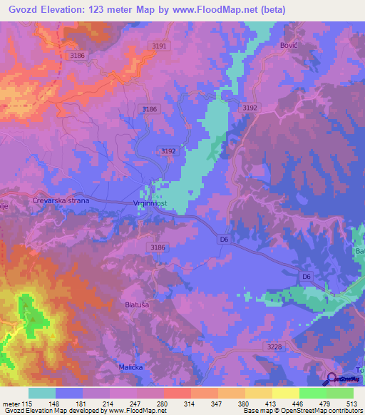 Gvozd,Croatia Elevation Map