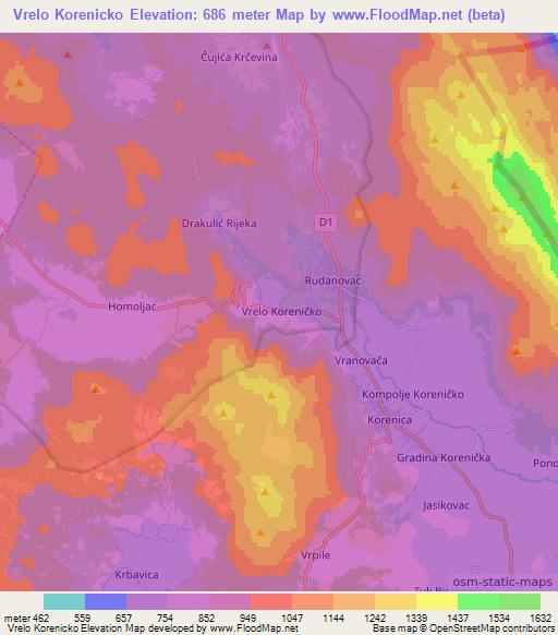 Vrelo Korenicko,Croatia Elevation Map