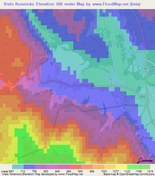 Vrelo Korenicko,Croatia Elevation Map