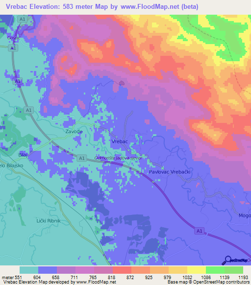 Vrebac,Croatia Elevation Map