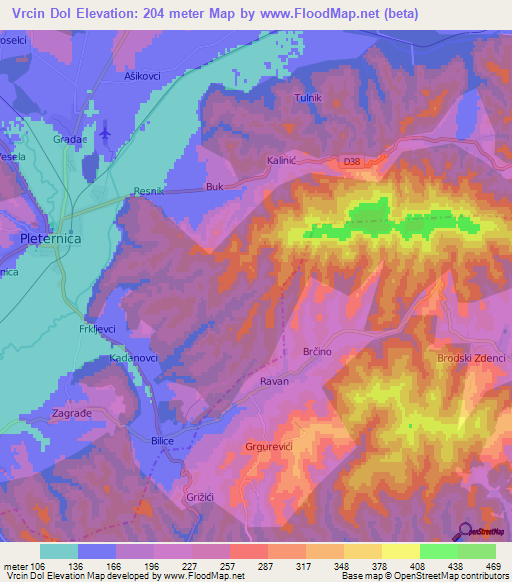 Vrcin Dol,Croatia Elevation Map