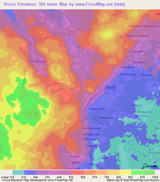 Vrcice,Slovenia Elevation Map