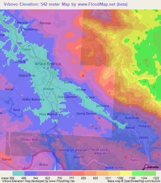 Vrbovo,Slovenia Elevation Map