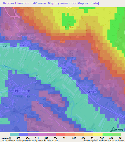 Vrbovo,Slovenia Elevation Map