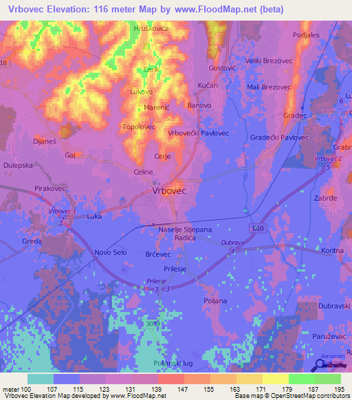 Vrbovec,Croatia Elevation Map