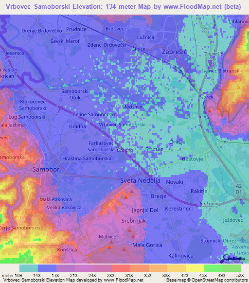 Vrbovec Samoborski,Croatia Elevation Map