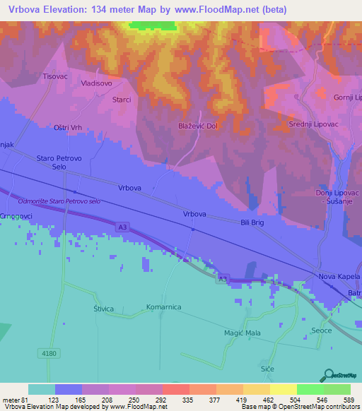 Vrbova,Croatia Elevation Map