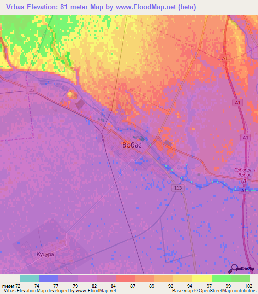 Vrbas,Serbia Elevation Map