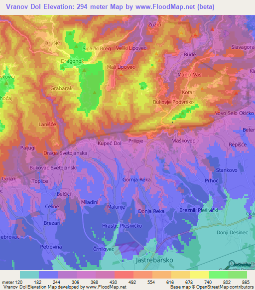 Vranov Dol,Croatia Elevation Map