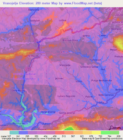 Vranojelje,Croatia Elevation Map