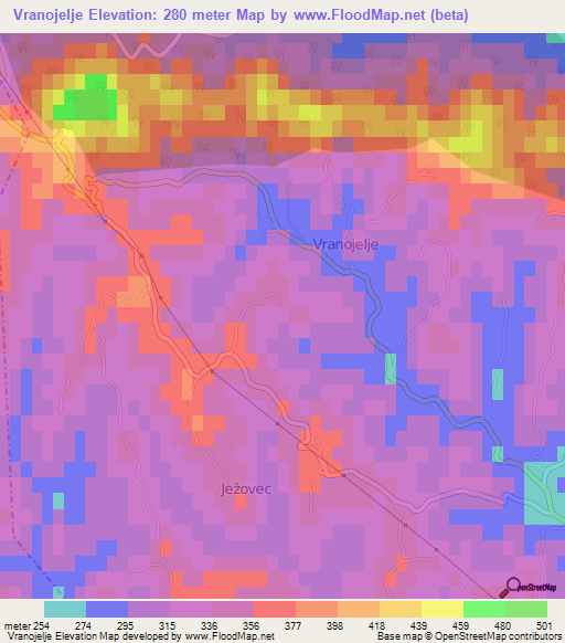 Vranojelje,Croatia Elevation Map