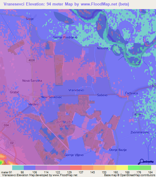 Vranesevci,Croatia Elevation Map