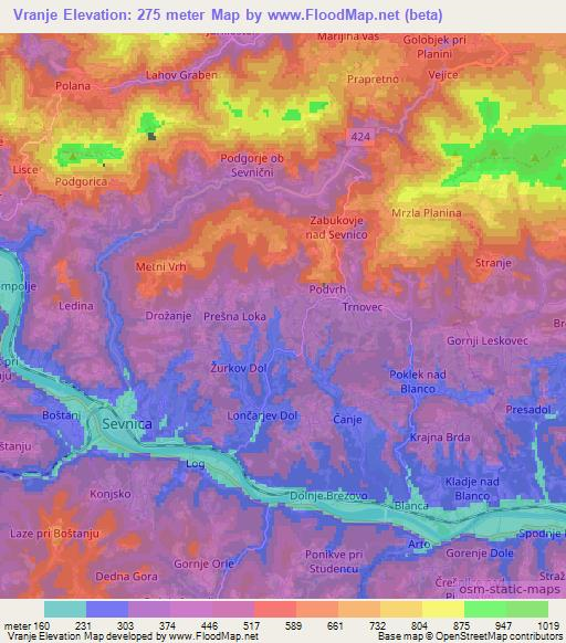 Vranje,Slovenia Elevation Map