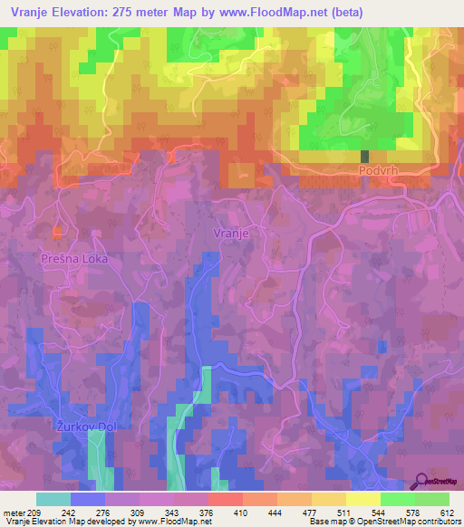 Vranje,Slovenia Elevation Map