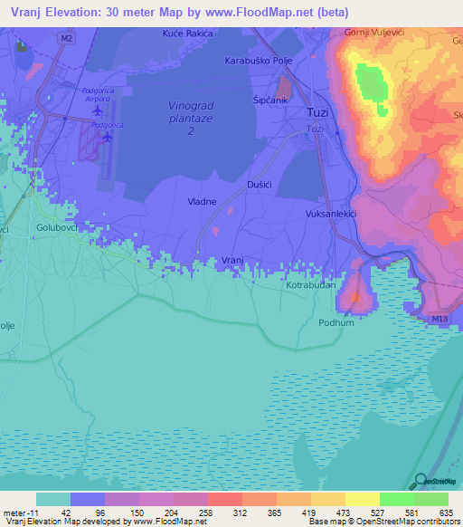 Vranj,Montenegro Elevation Map