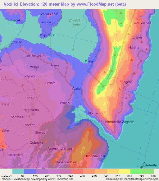 Vozilici,Croatia Elevation Map