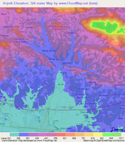 Vojnik,Slovenia Elevation Map