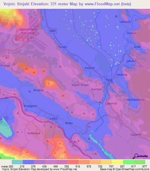 Vojnic Sinjski,Croatia Elevation Map