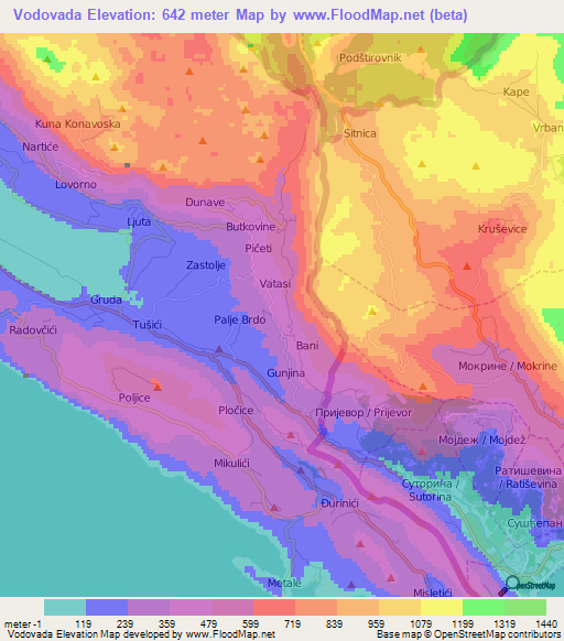 Vodovada,Croatia Elevation Map