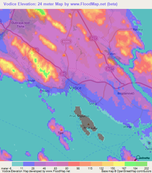 Vodice,Croatia Elevation Map