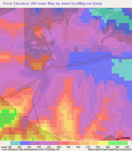 Vocin,Croatia Elevation Map