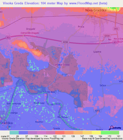 Visoka Greda,Croatia Elevation Map