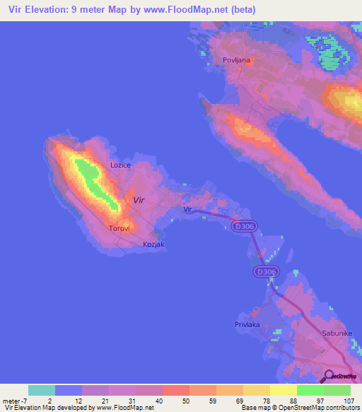 Vir,Croatia Elevation Map