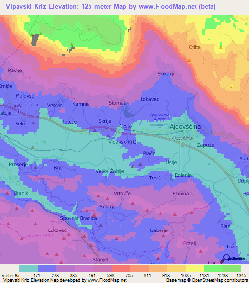 Vipavski Kriz,Slovenia Elevation Map