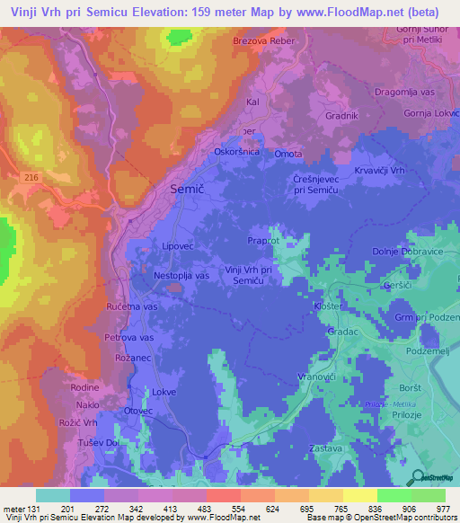 Vinji Vrh pri Semicu,Slovenia Elevation Map