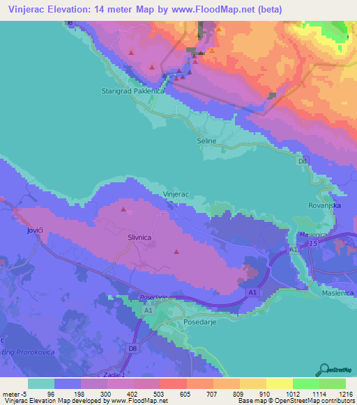 Vinjerac,Croatia Elevation Map