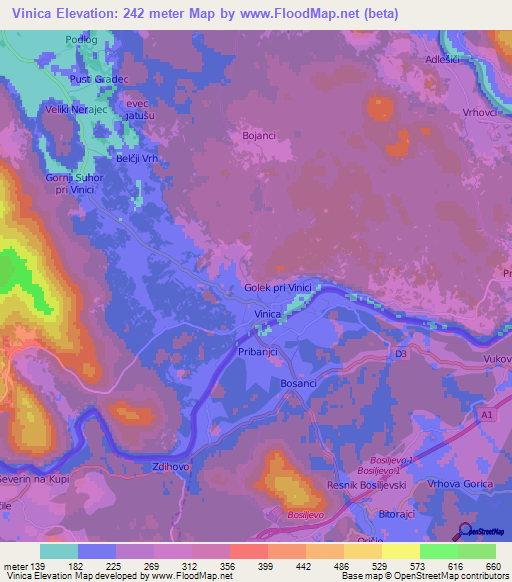 Vinica,Slovenia Elevation Map