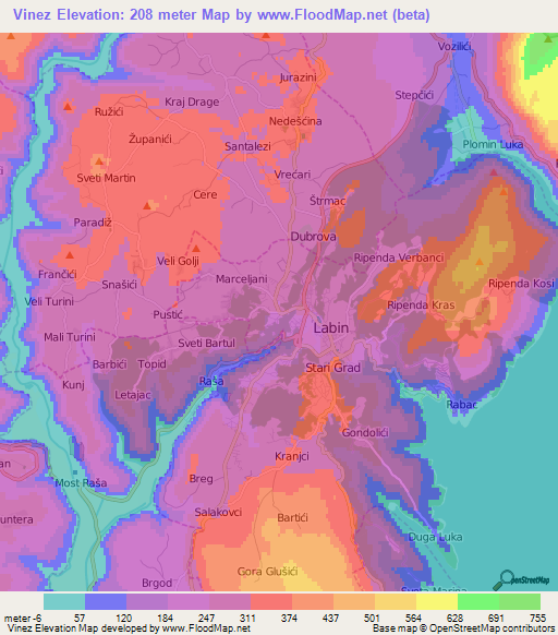 Vinez,Croatia Elevation Map