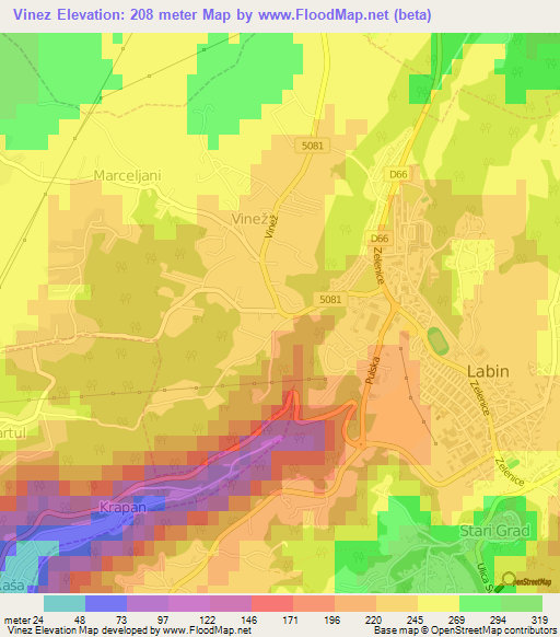 Vinez,Croatia Elevation Map