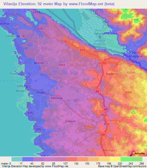 Vilanija,Croatia Elevation Map