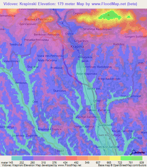 Vidovec Krapinski,Croatia Elevation Map