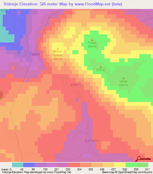 Vidonje,Croatia Elevation Map