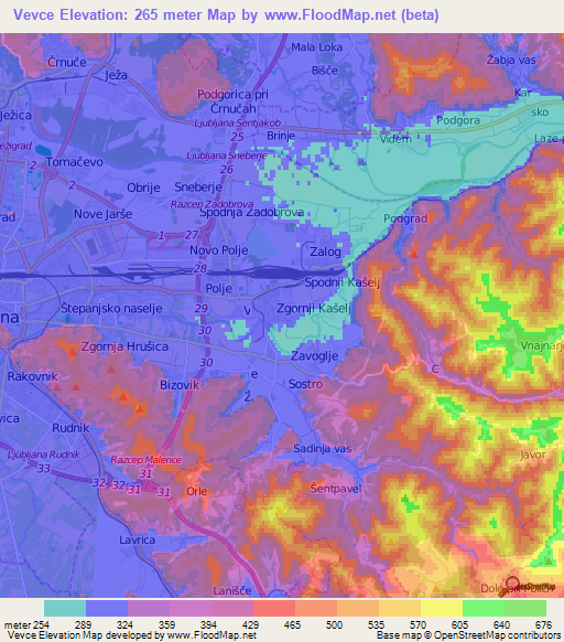 Vevce,Slovenia Elevation Map