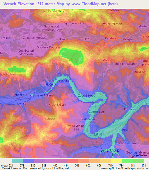 Vernek,Slovenia Elevation Map