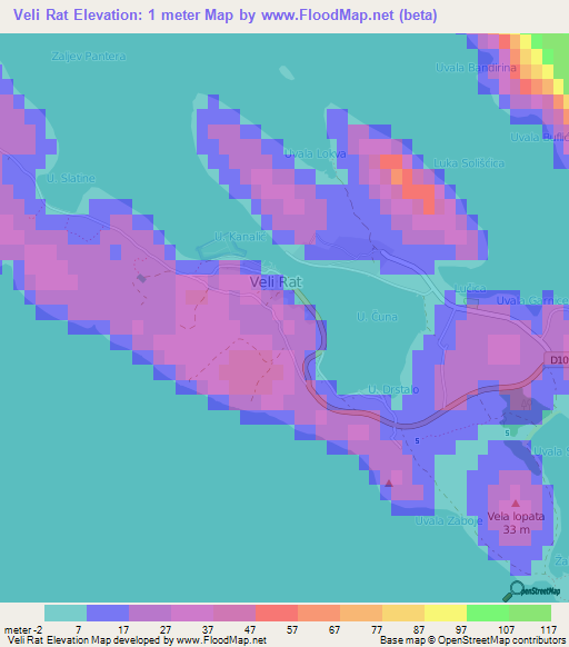 Veli Rat,Croatia Elevation Map