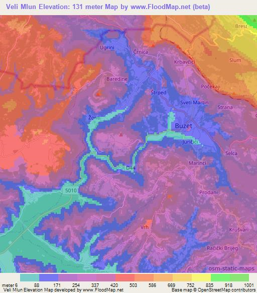 Veli Mlun,Croatia Elevation Map