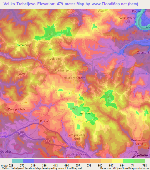 Veliko Trebeljevo,Slovenia Elevation Map